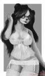 accessory anthro areola breasts clothing eyewear female garter glasses looking_at_viewer nightgown nipples panties simple_background smile solo underwear chanrom bear giant_panda mammal monochrome portrait three-quarter_portrait