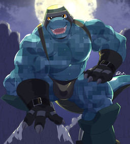 anthro armor biceps blue_body bulge claws clothing digital_camo headgear helmet male mask muscular muscular_anthro muscular_male pecs sharp_teeth solo teeth thong underwear yellow_eyes reclamon bandai_namco digimon commandramon digimon_(species) scalie hi_res