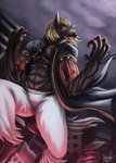 anthro black_sclera blonde_hair clothing hair jacket male red_lighting solo topwear yellow_eyes pineappleshogun atlus megami_tensei mythology sega shin_megami_tensei_v loup-garou_(megami_tensei) canid canine canis mammal mythological_canine mythological_creature werecanid werecanine werecreature werewolf wolf hi_res