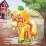 barn blonde_hair boots clothing coat duo female feral floppy_ears footwear hair open_mouth open_smile plant puddle raincoat raining rubber_boots shoes smile topwear tree confetticakez friendship_is_magic hasbro my_little_pony applejack_(mlp) amphibian earth_pony equid equine frog horse mammal pony 1:1 absurd_res hi_res