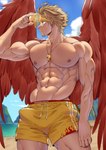 abs areola beach blonde_hair clothing eyewear feathered_wings feathers hair male muscular muscular_humanoid muscular_male nipples not_furry outside pecs red_body red_feathers red_wings seaside solo sunglasses swimming_trunks swimwear whistle_(object) wings suyohara my_hero_academia keigo_takami humanoid winged_humanoid absurd_res hi_res