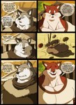 anthro big_muscles blue_eyes bodily_fluids building clothed clothing crying duo food fur grey_body grey_fur huge_muscles male muscular muscular_anthro muscular_male red_body red_fur satchel shirt speech_bubble tears text topwear whiskers white_body white_fur xxsparcoxx kraso_(xxsparcoxx) teofacio_larna canid canine canis fox mammal red_fox true_fox wolf 2018 comic digital_media_(artwork) hi_res multiple_scenes spanish_text