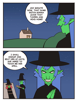 ambiguous_gender black_clothing black_hat black_headwear blue_hair bodily_fluids bound building chimney closed_smile clothed clothed_humanoid clothing club_(weapon) crying dialogue duo evil_grin eye_contact front_view frown fully_clothed fully_clothed_humanoid furrowed_eyebrows green_body gums hair hat headgear headwear holding_club holding_melee_weapon holding_object holding_weapon house humanoid_pointy_ears looking_at_another looking_at_viewer melee_weapon mouth_closed narrowed_eyes night open_mouth open_smile outside pointy_ears red_hair rooftop side_view silhouette sky small_comic smile speech_bubble squint star starry_sky tears teary_eyes teeth text toothy_grin weapon white_sclera window witch_hat bonnymama7 elphaba_(bonnymama7) selena_(bonnymama7) humanoid 2025 absurd_res bust_portrait comic digital_drawing_(artwork) digital_media_(artwork) english_text first_page flat_colors hi_res portrait three-quarter_portrait female_(lore)