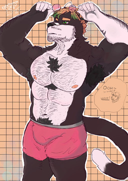 5_fingers abs anthro armpit_hair biceps body_hair chest_tuft clothed clothing eyewear fingers glasses green_eyes male multicolored_body muscular nipples pecs pubes solo tail thought_bubble tile topless tuft two_tone_body underwear catwithsometea domestic_cat felid feline felis mammal tuxedo_cat 2024 digital_media_(artwork) hi_res