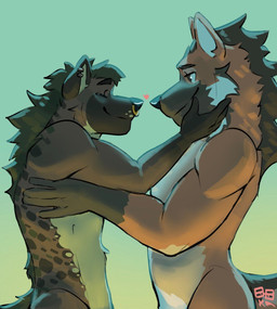 affectionate anthro duo ear_piercing eyes_closed facial_piercing hand_on_cheek heart_symbol holding_another intimate looking_at_another love male male/male nose_piercing nose_ring nude piercing ring_piercing romantic septum_piercing septum_ring simple_background smile smiling_at_another smiling_at_partner tail ooka ruthert4 canid canine hyena mammal maned_wolf hi_res