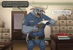 anthro bovid bovine bulge cape_buffalo chief_bogo clipboard clothing detailed_bulge disney english_text eyewear glasses hi_res lovkuma male mammal offscreen_character police police_uniform solo speech_bubble text uniform zootopia