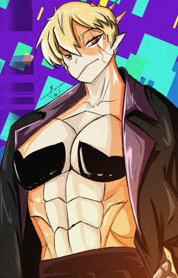 abs abstract_background anthro black_clothing black_jacket black_topwear blonde_hair breasts clothing cosplay crossover_cosplay cybernetics eyelashes facial_horn female glistening glistening_body glistening_breasts glistening_scales hair head_spikes horn jacket light_body light_scales looking_at_viewer machine multicolored_body multicolored_scales muscular muscular_anthro muscular_female nose_horn orange_body orange_scales red_eyes scales short_hair solo spikes spikes_(anatomy) text topwear two_tone_body two_tone_scales vvurm_drama cavemanon_studios cyberpunk_edgerunners goodbye_volcano_high ko_op_(game_developer) snoot_game dorio_(cyberpunk_edgerunners) rosa_(gvh) aquilops ceratopsian dinosaur marginocephalian ornithischian prehistoric_species reptile scalie 2026 absurd_res artist_name crossover digital_drawing_(artwork) digital_media_(artwork) hi_res watermark