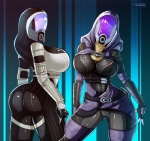 armor big_breasts big_butt breasts butt clothed clothing duo female huge_breasts looking_at_viewer mask not_furry pose simple_background suit teqa bioware electronic_arts mass_effect daro'xen_vas_moreh tali'zorah alien alien_humanoid humanoid quarian