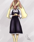 anthro big_breasts breasts brown_body brown_fur clothing eyelashes female fluffy fur maid_uniform pink_eyes pink_nose smile smiling_at_viewer solo uniform yellow_body yellow_fur rusoide nintendo pokemon generation_4_pokemon lagomorph leporid lopunny mammal pokemon_(species) rabbit 4:5 absurd_res hi_res