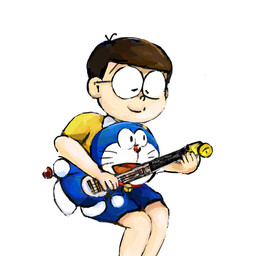anthro bell blue_body blue_fur bottomwear clothed clothing collar electric_guitar eyes_closed eyewear fur glasses guitar hair machine male mouth_closed musical_instrument open_mouth plucked_string_instrument red_collar shirt shorts simple_background sitting string_instrument topwear whiskers white_background white_body white_fur mt_tg doraemon doraemon_(character) nobita_nobi domestic_cat felid feline felis human mammal robot 1:1 2020 absurd_res hi_res shaded