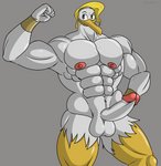 abs anthro armwear balls barazoku beak biceps clothing feathers flexing genitals hair humanoid_genitalia humanoid_penis male muscular muscular_anthro muscular_male nipples nude pecs penis simple_background smile solo klr-rio disney ducktales ducktales_(2017) storkules anatid anseriform avian bird mammal stork digital_media_(artwork) hi_res