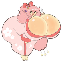 accessory anthro barefoot big_breasts big_butt biped breasts butt clothed clothing cute_fangs ear_tuft emanata eyelashes eyes_closed eyewear fangs feet female front_view glasses hair hair_accessory huge_breasts huge_butt leaning leaning_forward long_hair open_mouth open_smile paws pink_clothing pink_ears pink_hair simple_background smile solo standing teeth thick_thighs tuft white_background sleepysous nintendo pokemon felid feline generation_3_pokemon mammal pokemon_(species) skitty 2026 digital_media_(artwork)