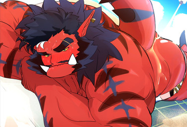 beach beard butt clothing embarrassed facial_hair humanoid_pointy_ears male pointy_ears red_body solo speedo speedo_down swimwear tanning_oil tusks dyzd1 lifewonders live_a_hero astar demon humanoid hi_res