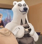 anthro breast_play breast_squish breasts clenched_teeth duo electronics eyes_closed featureless_breasts female fur grey_body grey_fur half-closed_eyes looking_down male male/female mature_female narrowed_eyes overweight overweight_female squish teeth television white_body white_fur wolfinasuit disney zootopia major_friedkin officer_wolfard bear canid canine canis mammal polar_bear ursine wolf 2023