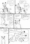 anthro bernielover canid canine clothing comic disney duo english_text female fox hi_res judy_hopps lagomorph leporid male male/female mammal monochrome nick_wilde nude rabbit red_fox simple_background speech_bubble text true_fox undressing white_background zootopia