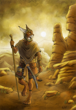 4_toes 5_fingers accessory anklet anthro armor barefoot belt belt_pouch bracelet canteen clothed clothing detailed_background digitigrade dipstick_tail ear_piercing ear_ring ear_tuft feet fingers fur headband hill holding_object jewelry light looking_forward male markings melee_weapon notched_ear orange_body orange_eyes orange_fur outside piercing plant poncho ring_piercing rock scabbard scarf solo standing sun sunlight sword tail tail_markings toes tuft vambrace walking walking_stick weapon 0laffson caracal caracal_(genus) felid feline mammal 2018 digital_media_(artwork) hi_res signature story story_in_description