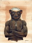 anthro badger black_body black_fur black_nose breasts chest_tuft ear_piercing ear_ring female fur hair hamsa honey_badger jewelry mammal mustelid musteline necklace nipples nude piercing ring_piercing scale_(artist) solo traditional_media_(artwork) tuft whiskers white_hair