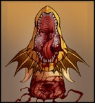 black_border blood bodily_fluids border brain corpse death decapitation feral gore horn male mouth_shot open_mouth organs sharp_teeth solo teeth tongue yellow_body kolkolukija mythology dragon mythological_creature mythological_scalie scalie absurd_res hi_res