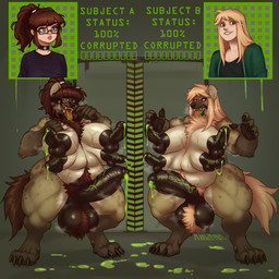 4_breasts 4_nipples after_transformation anthro ball_tuft balls belly big_balls big_breasts big_penis blonde_hair bodily_fluids breasts brown_hair choker clothing dicknipple_balls dicknipples duo erection eyewear female foreskin ftg_transformation fti_transformation gender_transformation genitals glasses green_background gynomorph hair human_to_anthro humanoid_genitalia humanoid_penis intersex jacket jewelry lactating multi_breast multi_nipple musk musky_balls musky_penis necklace nipples nude_anthro nude_gynomorph open_mouth penis ponytail sex shirt simple_background slime sludge species_transformation standing standing_sex thick_thighs topwear transformation tuft unusual_anatomy unusual_genitalia_placement unusual_penis_placement wearing_glasses kultist human hyena mammal 1:1 hi_res
