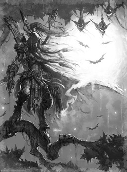 anthro armor arrow_(weapon) bow_(weapon) braided_hair cape clothed clothing dagger female gun hair handgun hood long_hair melee_weapon pistol plant polearm quiver_(object) ranged_weapon solo spear tree weapon wei_wang blizzard_entertainment warcraft canid mammal werecanid werecreature worgen 2009 monochrome official_art