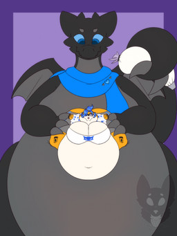 anthro belly big_belly big_breasts big_pupils biped black_body black_pawpads black_wings blobby blue_eyes blue_hair blue_pupils blue_scarf blue_sclera blue_stripes blue_tail border bottomwear breasts claws cleavage clothed clothing countershade_face countershade_fur countershade_neck countershade_torso countershading extreme_size_difference fat_neck female female_anthro frosting fur grey_body grey_bottomwear grey_claws grey_clothing grey_countershading grey_membrane grey_shorts grey_wings hair huge_belly huge_breasts jacket markings membrane_(anatomy) membranous_wings micro morbidly_obese morbidly_obese_anthro morbidly_obese_female mostly_nude navel obese obese_anthro obese_female orange_body orange_fur overweight overweight_anthro overweight_female pawpads pupils purple_background purple_border scarf scarf_only shirt shorts simple_background sitting sitting_on_another size_difference solo striped_hair striped_markings striped_tail stripes t-shirt tail tail_markings thick_tail topwear white_body white_clothing white_countershading white_jacket white_shirt white_t-shirt white_topwear wings strawberrymilkdog european_mythology mythology alphie_(dragoninascarf) glowie_(doughieglowie) dragon mammal mythological_creature mythological_scalie procyonid raccoon scalie western_dragon hi_res