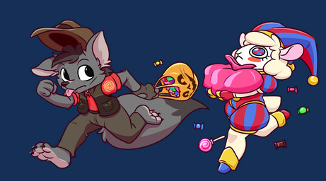 anthro big_eyes black_eyes candy chibi claws clothing costume dessert disguise duo eyelashes feet female food fool's_hat fur grey_body grey_fur hair halloween_bucket halloween_costume halloween_themed hat headgear headwear holidays jester long_tail makeup male male/female multicolored_eyes red_cheeks running short_hair short_tail tail tongue tongue_out white_body white_fur twtr glitch_productions halloween team_fortress_2 the_amazing_digital_circus valve valve_corporation jim_the_lamb pomni_(tadc) sniper_(team_fortress_2) wolf_(twtr) bovid canid canine canis caprine humanoid mammal sheep wolf alpha_channel hi_res