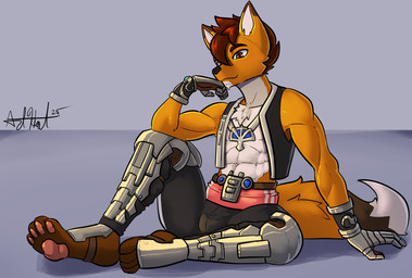 anthro armor belt belt_buckle bottomwear brown_eyes buckle bulge cheek_tuft chin_tuft clothed clothing digitigrade digitigrade_footwear facial_hair facial_tuft fluffy fluffy_tail footwear fur furgonomic_footwear furgonomics gauntlets gem gloves goatee hair handwear head_on_hand jewelry leg_armor leggings legwear lounging male male_anthro multicolored_body multicolored_fur muscular muscular_anthro muscular_male necklace open_clothing open_shirt open_topwear orange_body orange_fur pants pawpads paws pink_pawpads pointy_ears red_hair shirt shirtless shirtless_anthro shirtless_male short_hair sitting smile solo straps tail thinking thoughtful_expression topwear tuft vest white_body bear213 canid canine fox mammal full-length_portrait hi_res portrait