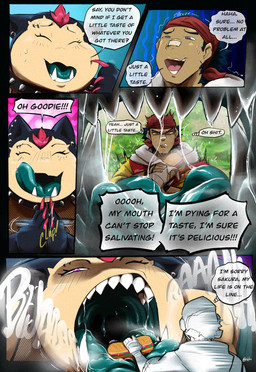 anthro black_text blue_tongue bodily_fluids bread clap claws clothed clothing collar comic_panel dialogue duo ear_piercing emanata exclamation_point eyebrow_piercing eyebrows eyes_closed facial_piercing fangs female food fruit gaping_mouth grass hair heart_symbol kerchief lettuce licking licking_lips male meat one_eye_closed onion onomatopoeia open_mouth outside piercing pink_background pink_eyes plant question_mark red_claws red_hair red_kerchief saliva sandwich_(food) shaking sharp_teeth simple_background sound_effects spiked_collar spikes squinted_eyes sweat sweatdrop tan_chest tan_face tan_head teeth text tomato tongue tongue_out trembling uvula vegetable white_speech_bubble wrapper rchammer nintendo pokemon cookie_(rchammer) pokemon_trainer river_(rchammer) generation_1_pokemon human mammal pokemon_(species) snorlax 2024 colored comic english_description english_text hi_res