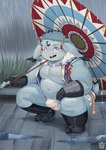 anthro asian_clothing belly blue_body blue_eyes blue_fur bulge clothing crouching detailed_bulge east_asian_clothing fundoshi fur herm intersex japanese_clothing male moobs navel nipples overweight overweight_male raining solo umbrella underwear pawsve tamacolle inaba_(tamacolle) lagomorph leporid mammal rabbit hi_res