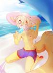 5_fingers abs anthro athletic athletic_anthro athletic_male blonde_hair bulge clothed clothing day fingers food hair hat headgear headwear male nipples open_mouth orange_eyes outside pawpads pink_nose popsicle sea_salt_ice_cream sky solo topless water rikitoka canid canine canis domestic_dog mammal hi_res