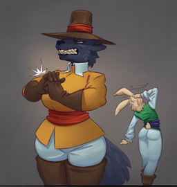 angry anthro clenched_teeth cracking_knuckles dizzy duo female looking_at_another male teeth scaredy_hare buckingham_(scaredy_hare) general_hope_(scaredy_hare) canid canine canis lagomorph leporid mammal rabbit wolf hi_res