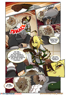 anthro clothing crossdressing_male femboy looking_at_another male overweight overweight_anthro overweight_male patreon_logo patreon_username punch standing_on_another text sollyz patreon felid lion mammal pantherine 2021 comic english_text url