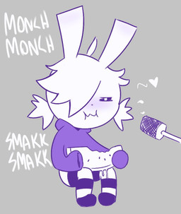 blush candy chewing clothing dessert eating female food footwear fruit hair hair_over_eye heart_reaction heart_symbol hoodie marshmallow melon one_eye_obstructed onomatopoeia plant sitting socks solo sound_effects text topwear watermelon disfigure annie_(disfigure/rafielo) lagomorph leporid mammal rabbit monochrome