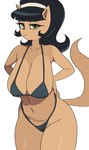 accessory anthro bikini black_bikini black_clothing black_hair black_swimwear bodily_fluids breasts clothing female fur green_eyes hair hair_accessory hairband hanging_breasts simple_background solo string_bikini sweat swimwear tan_body tan_fur thick_thighs two-piece_swimsuit white_background yuta_agc nickelodeon t.u.f.f._puppy kitty_katswell domestic_cat felid feline felis mammal 2024 hi_res