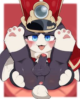 anthro anus balls biped black_body blue_eyes blush blush_stickers butt clothing countershade_face countershading erection foreskin front_view genitals glans gloves_(marking) hat headgear headwear humanoid_genitalia humanoid_penis inviting leg_markings long_ears looking_at_viewer lying male markings on_back open_mouth open_smile pawpads penis presenting presenting_hindquarters scut_tail short_tail simple_background smile socks_(marking) solo tail white_body white_countershading white_markings fieryfur honkai:_star_rail mihoyo pom-pom_(honkai:_star_rail) lagomorph leporid mammal rabbit 2025 absurd_res hi_res