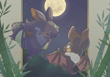 bamboo bat_wings cheek_spots duo eyes_closed flying full_moon fur hair hair_over_eye membrane_(anatomy) membranous_wings moon night open_mouth spread_wings thick_thighs wings hitokage22 echolocaution hina_(echolocaution) kaguya_(echolocaution) bat mammal 2024 hi_res