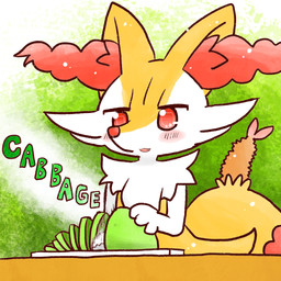 ambiguous_anthro ambiguous_gender anthro biped blush cabbage cute_fangs cutting cutting_board fangs food front_view object_in_tail open_:3 open_mouth open_smile plant shrimp_(food) simple_background smile snout solo standing tail teeth text vegetable annyui0611 nintendo pokemon braixen canid generation_6_pokemon mammal pokemon_(species) 1:1 2022 digital_drawing_(artwork) digital_media_(artwork) english_text half-length_portrait hi_res japanese_description portrait translated_description