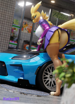 anthro armwear bent_over big_breasts big_butt biped black_sclera blue_eyes bottomwear breasts bridal_gauntlets butt car closed_smile clothed clothing clothing_lift digitigrade eyewear feet female female_anthro fur garter_straps glasses legwear looking_at_viewer looking_back looking_back_at_viewer mouth_closed on_car outside pawpads paws round_glasses side_boob skirt skirt_lift smile soles solo sports_car stirrup_legwear stirrup_stockings stockings text topwear vehicle yellow_body yellow_fur yin_yang kaizosn mayosplash_(modeler) bandai_namco digimon toyota digi_(yourdigimongirl) digimon_(species) renamon 3d_(artwork) absurd_res digital_media_(artwork) full-length_portrait hi_res japanese_text portrait
