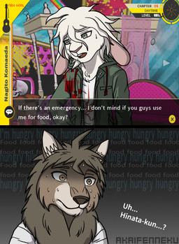 alternate_species anthro bodily_fluids brown_body brown_fur brown_hair clothed clothing dialogue dialogue_box drooling duo fur hair hungry ingame_assets male male/male mane multicolored_body multicolored_fur name_drop name_in_dialogue predator/prey saliva sweat sweatdrop text thoughts white_body white_fur akaifenneku_(artist) beastars danganronpa danganronpa_2 disney spike_chunsoft zootopia hajime_hinata nagito_komaeda canid canine canis lagomorph leporid mammal rabbit wolf 2021 artist_name crossover english_text hi_res signature