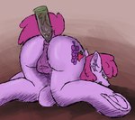 alcohol_enema anal balls bottle container dock_(anatomy) feral genitals gynomorph hooves inner_ear_fluff intersex purple_body smile solo tail tuft underhoof reddthebat friendship_is_magic hasbro my_little_pony berry_punch_(mlp) earth_pony equid equine horse mammal pony hi_res