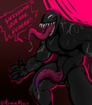 big_penis big_tongue bodily_fluids cum dialogue genital_fluids genitals male muscular muscular_male penis precum saliva smile solo speech_bubble teeth text smol_aberration marvel venom_(marvel) humanoid monster monstrous_humanoid absurd_res english_text hi_res