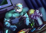 anthro biceps blue_body blue_fur clothing fur furniture green_eyes male muscular muscular_anthro muscular_male pecs pillow shirt sofa solo t-shirt topwear visor chuurow lifewonders live_a_hero nintendo nintendo_switch rexer felid mammal pantherine tiger absurd_res hi_res