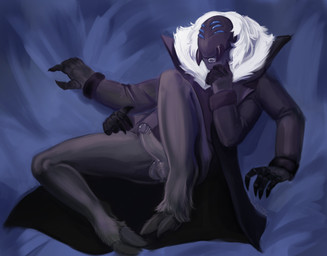 anthro balls claws clothed clothing fangs genitals humanoid_genitalia humanoid_penis lying male multi_eye multi_limb neck_tuft on_back partially_clothed penis solo teeth toe_claws tuft arrow_owlet kalt arachnid arthropod spider