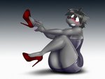 4:3 abstract_background anthro aroused big_breasts big_butt black_hair black_nose blush breasts butt canid canine canis clothed clothing colored_nails crossgender curvy_anthro curvy_female curvy_figure dracojeff dress embarrassed exposure_variation female footwear freckles fur genitals gradient_background grey_body grey_clothing grey_dress grey_fur hair high_heels hourglass_figure hourglass_figured_anthro hourglass_figured_female long_nails male_(lore) mammal minidress mtf_crossgender nails nervous nervous_smile no_underwear phyco pink_nails pumps pupils pussy red_cheeks red_clothing red_footwear red_high_heels shoes short_hair simple_background smile solo thick_thighs tomboy tube_dress whiskers wide_hipped_anthro wide_hipped_female wide_hips wolf