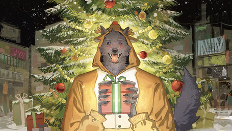anthro christmas_tree clothed clothed_anthro clothed_male clothing detailed_background gift holding_gift holding_object holidays hoodie male plant topwear tree zheron0076 christmas elden_ring fromsoftware blaidd_(elden_ring) canid canine canis mammal wolf 2025 colored hi_res