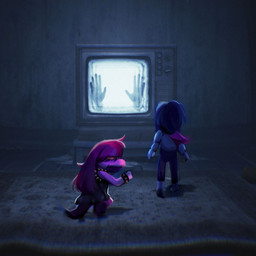 anthro armband armor bracelet clothed clothing creepy duo electronics female hair humor inside jewelry long_hair male parody purple_body purple_hair screencap screencap_background spiked_armband spiked_bracelet spikes television booglebitz deltarune kris_where_are_we little_nightmares undertale_(series) kris_dreemurr susie_(deltarune) dinosaur human mammal prehistoric_species reptile scalie 1:1 2021 hi_res meme