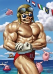 abs anthro armor biceps blonde_hair blue_sky briefs clothed clothing cloud eyewear facial_hair flag flexing gloves grin hair handwear headgear helmet male muscular muscular_anthro muscular_male mustache nipples outside pecs pose sea seaside sky smile solo sunglasses tail text topless underwear vein water matataku ghibli porco_rosso marco_pagot domestic_pig mammal suid suine sus_(pig) 2010 japanese_text