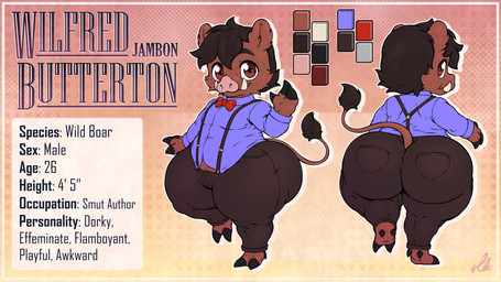 anthro barefoot big_butt blush bottomwear bow_tie brown_body brown_bottomwear brown_clothing brown_eyes brown_hair brown_pants butt clothed clothing description feet fur hair looking_at_viewer looking_back male orange_background pants pink_snout pockets purple_clothing purple_shirt purple_topwear red_bow_tie shirt simple_background smile solo suspenders text thick_thighs topwear tusks wide_hips bitfly wilfred_butterton mammal suid suine sus_(pig) wild_boar 16:9 2025 absurd_res digital_media_(artwork) english_text hi_res model_sheet signature widescreen