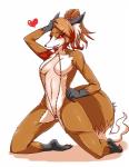 anthro biped black_body black_fur breasts brown_body brown_fur brown_hair claws cleavage clothed clothing costume female fox_costume fur fursuit hair heart_symbol highlights_(coloring) kneeling long_hair looking_at_viewer midriff navel not_furry_wearing_fursuit red_eyes red_highlights simple_background smile solo teeth toe_claws unzipped white_background white_body white_fur white_hair zipper skykain canid canine fox human mammal 2014 hi_res