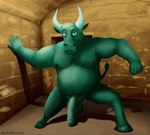 anthro belly bovid bovine brick cattle clay clay_creature detailed_background ears_up erection european_mythology eyebrows fist genitals goo_creature greek_mythology green_body green_eyes hi_res hooves horn labyrinth looking_at_viewer male mammal maze minotaur moobs mythology navel nipples nude nude_male open_palm overweight overweight_anthro overweight_male penis pose raised_eyebrow shadow simple_background smile solo spread_arms spread_legs spreading tail tail_tuft tuft wontonrhino yellow_background